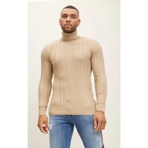 Ron Tomson Roll Neck Ribbed Men's Sweater Beige Stretch Pullover NWT Size L